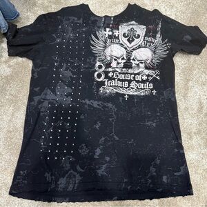 Affliction Black Tee with White and Gray Skull Design